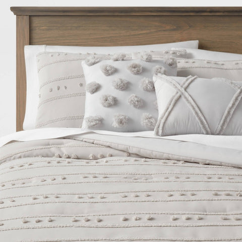 Full/Queen - 5pc Clipped Stripe Poms Comforter Bedding Set Gray - Threshold