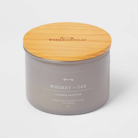 14oz Lidded Gray Glass Jar Crackling Wooden 3-Wick Candle with Clear Label Whiskey + Oak - Threshold