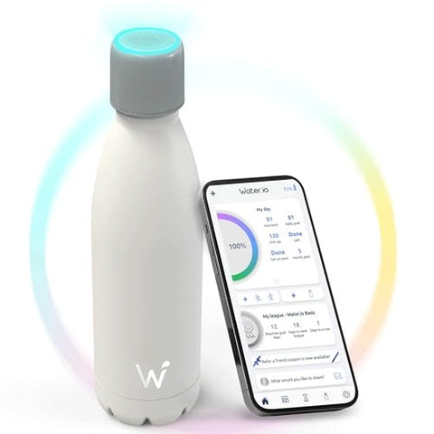 WATER.IO Smart Water Bottle - Hit Your Hydration Goals, Track Water Intake with Color Changing LED Reminder & Bluetooth Free App. Insulated Stainless