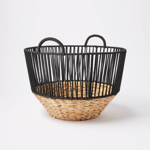 L Water Hyacinth and Black Cotton Rope Basket