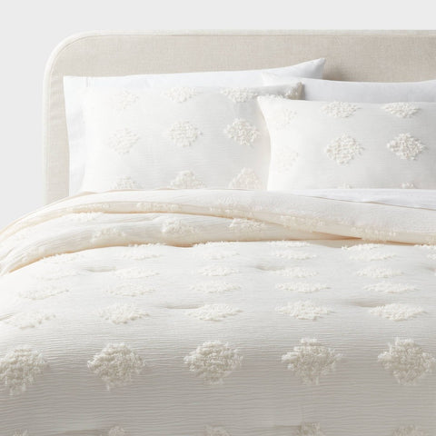 Full/Queen Tufted Diamond Crinkle Comforter and Sham Set Ivory - Threshold™: Recycled Polyester, Jacquard Weave, OEKO-TEX Certified