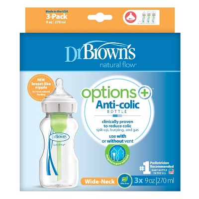 Dr. Brown's 9oz Anti-Colic Options+ Wide-Neck Baby Bottle with Level 1 Slow Flow Nipple - 3pk - 0m+
