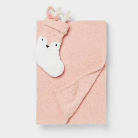Pink Deer Stocking and Pink Kids' Throw Blanket Gift Set