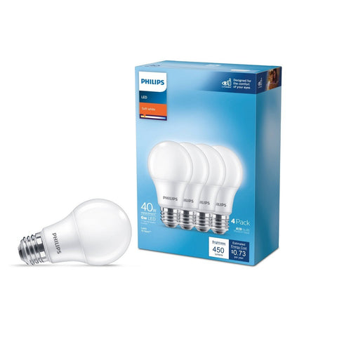 Philips LED 40W Frosted Soft White Non-Dim A19 4P (Non-T20): 450 Lumens, E26 Base, 2700K, 10-Year Life, 4-Pack