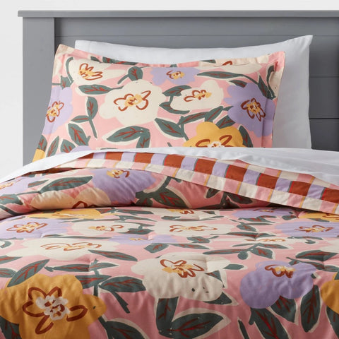 Twin Flower/Plaid Reversible Kids' Comforter Set - Pillowfort
