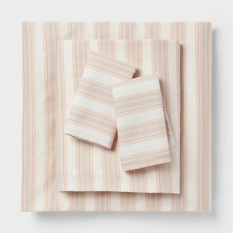 Queen - Cotton Blend Sateen Sheet Set Ivory/Pink Textured Stripe - Room Essentials