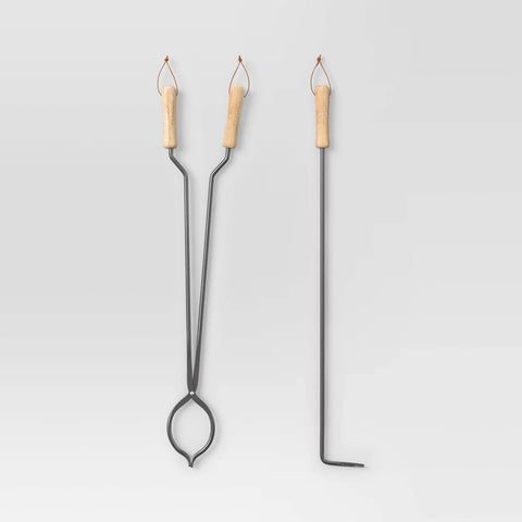 2pc Tongs and Fire Poker Tool Set Black