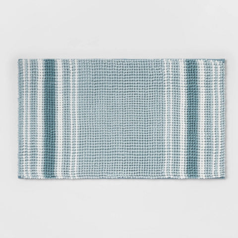 20"x34" Low Chenille Memory Foam Bath Rug Aqua Striped - Threshold
