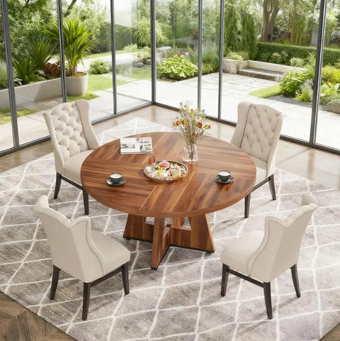 47-Inch Modern Round Dining Table with Marble Top Wood Legs Eco-Friendly & Durable 6-Seater