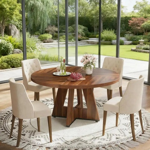 47-Inch Modern Round Dining Table with Marble Top Wood Legs Eco-Friendly & Durable 6-Seater