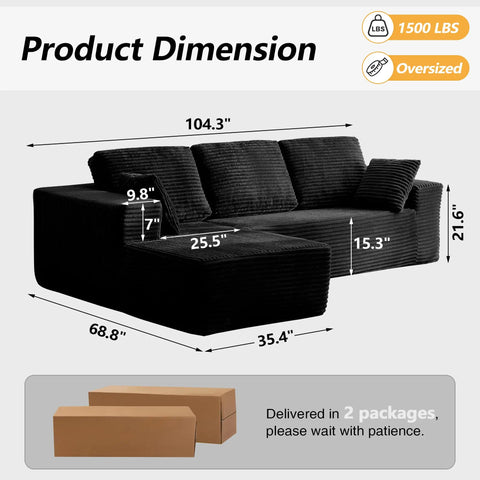 104" Modern L-Shape Sectional Sofa Bed with Reversible Chaise – Convertible Sleeper Couch in Vacuum Compressed Box – Free Shipping