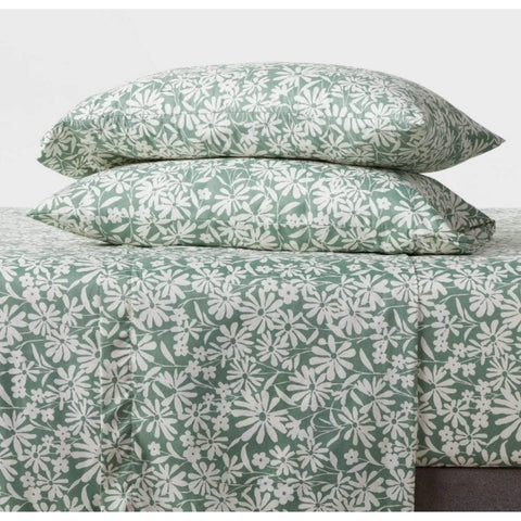 Queen - 3-Piece Green White Floral Sheet Set