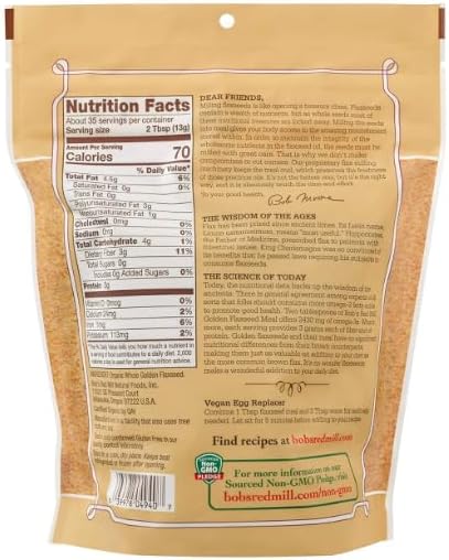 Bobs' Red Mill Organic Golden Flaxseed Meal Gluten Free Whole Ground 16 oz Resealable Bag