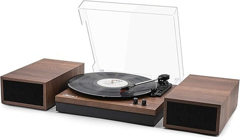 Vintage Record Player with Dual External Speakers,Wireless Turntable with RCA Output & Wireless Input,Walnut Wood