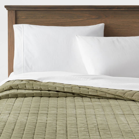 King - Channel Stitch Velvet Quilt Green - Threshold™: Cotton Backing, Year Round Comfort, Machine Washable