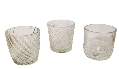 3 Clear Glass Votive Candle 3" Tall Holders W/ Different Texture Designs