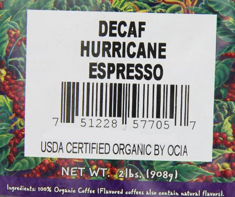 The Organic Coffee Co. Hurricane Espresso Decaf Whole Bean Coffee 2LB (32 Ounce) Medium Dark Roast Natural Water Processed USDA Organic BBD 18-Jul 2024