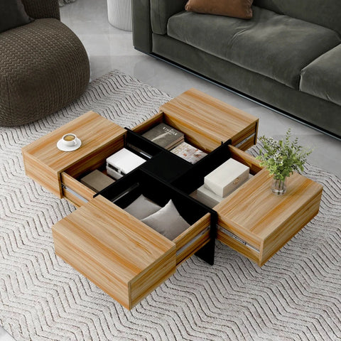 Unique Design Coffee Table with 4 Hidden Storage Compartments, Extendable Sliding Tabletop, UV High-Gloss Finish, 31.5"x31.5", Brown