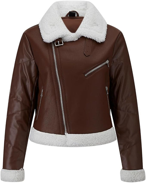 Medium - Women Fur Leather Jacket Shearing Cropped Faux Fur Lined Moto Biker Coat
