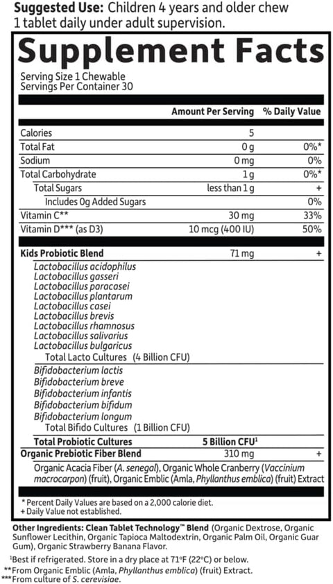 Garden of Life Dr. Formulated Probiotics for Kids, Organic Kids+ - Berry Cherry, 5 Billion CFU Chewable Probiotic Plus Vitamin C and D, Dairy Free Immune Digestive Health Supplement, 30 Chewables