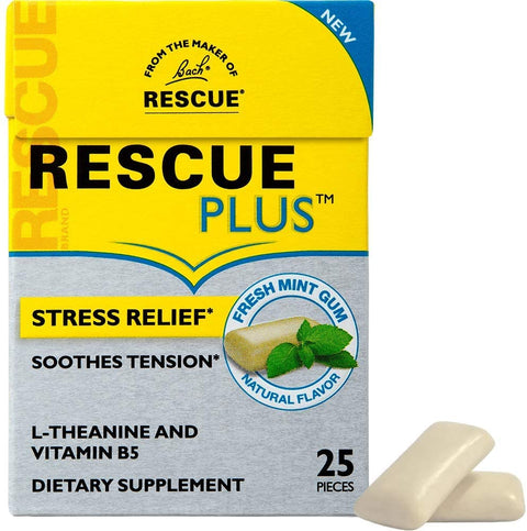 Bach RESCUE PLUS Gum, Natural Mint, Stress & Tension Relief, L-Theanine & Vitamin B5 Dietary Supplement, Biodegradable Chicle Gum, No Artificial Sweeteners, Flavors, or Colors, 25 Pieces Each