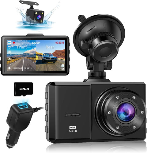 SPADE Dual Dash Camera 1296P with 32G SD Card, Waterproof Backup Camera, DVR Car Dashboard