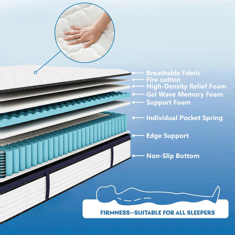 14 Inch - Queen Size Mattress Gel Memory Foam Hybrid Mattress , Pressure Relief, Medium Firm ONLINE ONLY