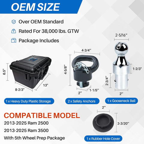 60638 Upgraded 38k Puck System Gooseneck Hitch Kit with Case for 2013-2026 Dodge Ram 2500 3500, 2-5/16-Inch Gooseneck Ball Trailer Hitche with 2 Safety Chain Anchors for Fifth Wheel Prep Group