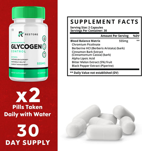 Restore Glycogen Control, Restore, Glycogen Control, Restore Glycogen Control Advanced Formula Support Supplement, Restore Glycogen Control Metabolic Health Pills (60 Capsules)