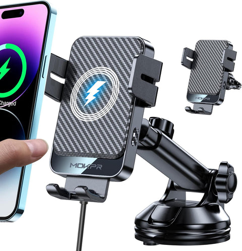 Wireless Car Charger, MOKPR 15W Fast Charging Auto-Clamping Car Mount Universal Hands-Free Car Charger Mount for Dash Windshield Air Vent