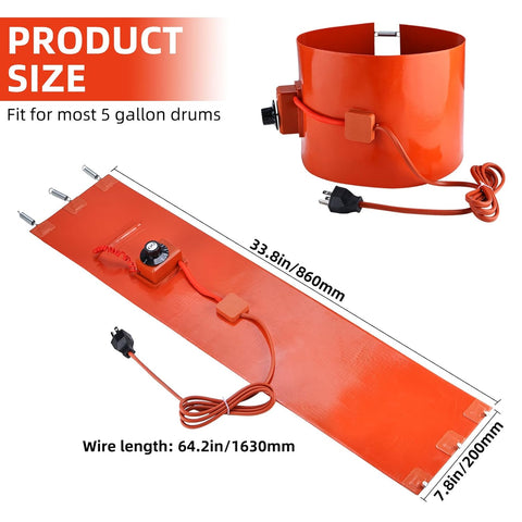 NORJIN Metal Drum Heater, Bucket Heater 5 Gallon, 120V 800 Watt Insulated Band Heater for 5 Gal Barrel, 7.8 * 33.8 inch Silicone Rubber Heating Band with Temperature Controller