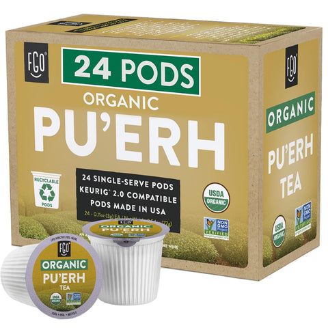 Organic Puerh K-Cup Pods, 24 Pods by FGO - Organic, Non-GMO, & Recyclable - Compatible with Keurig 2.0