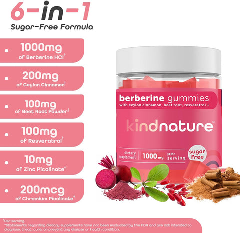 Kind Nature 1000mg Berberine Gummies - Sugar Free Natural Berberine Supplement Gummies with Ceylon Cinnamon & Beet Root - Non GMO, 3rd Party Tested Berberine Complex