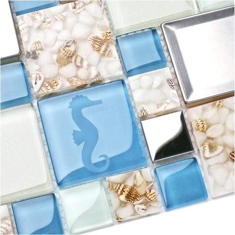 Blujellyfish Blue Sea Glass Tile Backsplash Beach Style Mosaic Tiles Real Seashell Inside (Pack of 5 Sheets)