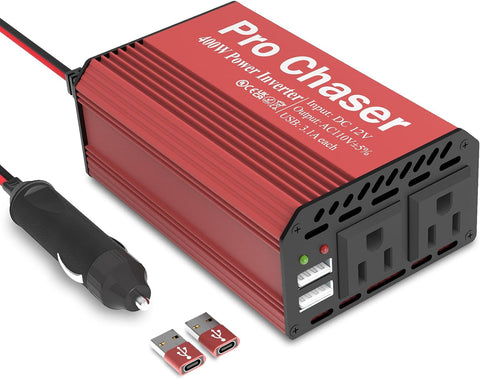 Pro Chaser 400W Car Power Inverter 12V DC to 110V AC Car Truck RV Inverter 6.2A Dual USB Charging Ports for Road Trips
