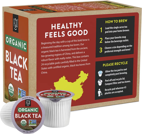 Organic Black Tea K-Cup Pods, 24 Pods by FGO - Keurig Compatible - Naturally Occurring Caffeine, Premium Black Tea is USDA Organic, Non-GMO, & Recyclable