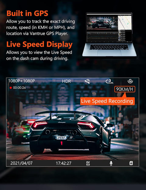 Vantrue S1 4K Dash Cam Front and Rear, 1080P Dual GPS Dash Camera with 24 Hours Parking Mode, Enhanced Night Vision, Motion Detection, Capacitor, Single Front 60FPS, G-Sensor, Support 256GB Max