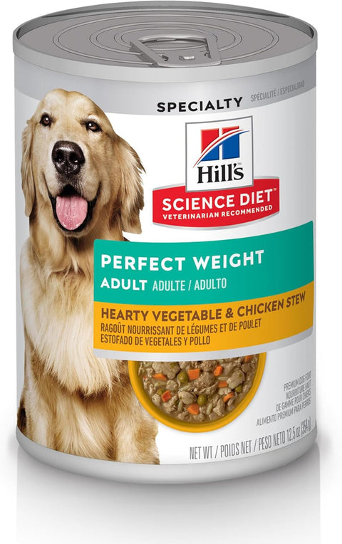 Hill's Science Diet Perfect Weight, Adult 1-6, Weight Management Support, Wet Dog Food, Chicken & Vegetables Stew, 12.5 oz Can,