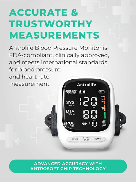Blood Pressure Monitor by Antrolife - Automatic Upper Arm Machine & Accurate Adjustable Digital BP Cuff Kit