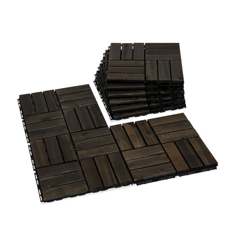 Black Acacia Wood Flooring Interlocking Deck Tiles for Patio Decor 9 Pcs 12 Slats VR Black