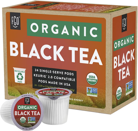 Organic Black Tea K-Cup Pods, 24 Pods by FGO - Keurig Compatible - Naturally Occurring Caffeine, Premium Black Tea is USDA Organic, Non-GMO, & Recyclable