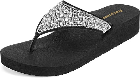 Size 10 - Womens Rhinestones Flip Flops Arch Support Mid Platform Bling Comfortable Flip-flops Jewel Dressy Thong Sandals