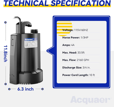 Acquaer 1/3 HP Automatic Submersible Water Sump Pump, 115V with 3/4” Garden Hose Check Valve Adapter,2160 GPH High Flow Water Removal for Swimming Pool Cover Hot Tubs Flooded House Basement