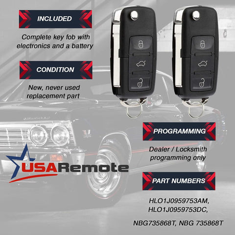 2 pack - Replacement Keyless Entry Remote Flip Key Fob - VW Beetle, Golf, Jetta, Passat (HLO1J0959753F)