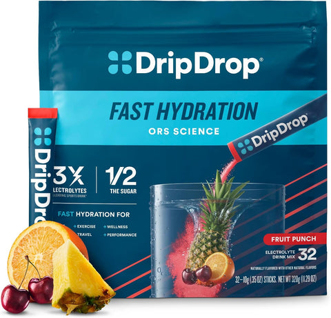 DripDrop Hydration - Fruit Punch - Electrolyte Drink Mix Single Serve Hydration Powder Packets | Non-GMO, Gluten Free, Vegan | 32 Sticks