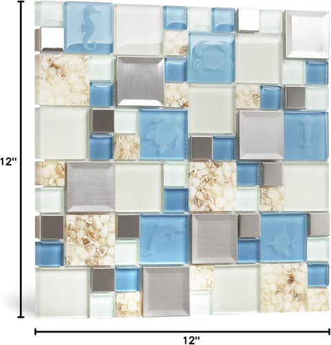 Blujellyfish Blue Sea Glass Tile Backsplash Beach Style Mosaic Tiles Real Seashell Inside (Pack of 5 Sheets)