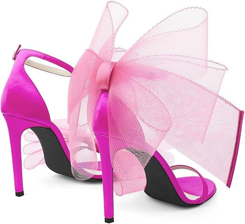 Size 7 -Pink Coutgo Women's Bow Heels Open Toe Stiletto Heels One Strap Bridal Wedding Asymmetric Non-removable Bow Knot Heeled Sandals