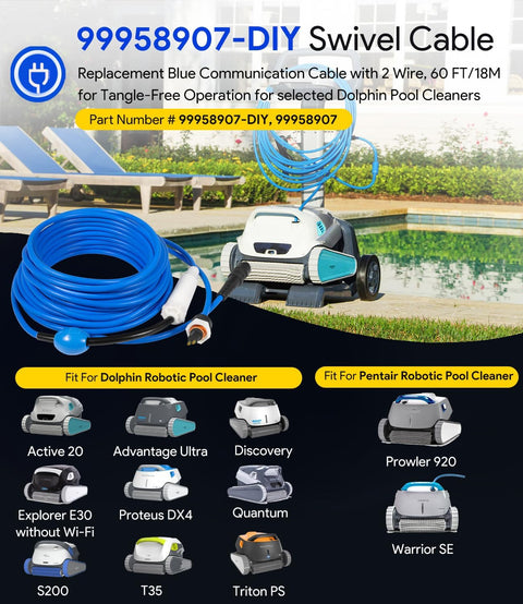 Blue Cable with Swivel 2-Wire 18M/60FT for Tangle-Free Operation for Dolphin Pool Cleaners Active 20, S200, Discovery, Explorer E30, Proteus DX4, Advantage Ultra, Quantum,Triton PS