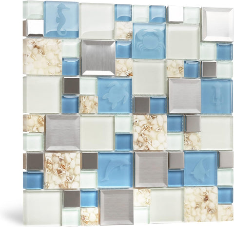 Blujellyfish Blue Sea Glass Tile Backsplash Beach Style Mosaic Tiles Real Seashell Inside (Pack of 5 Sheets)