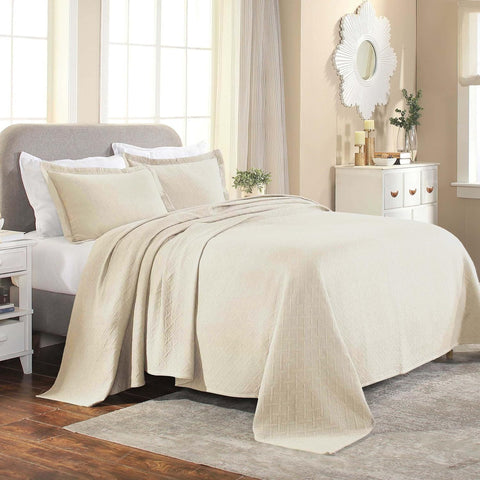 King - Superior 3 Piece Basketweave Cotton Bedspread Set Ivory